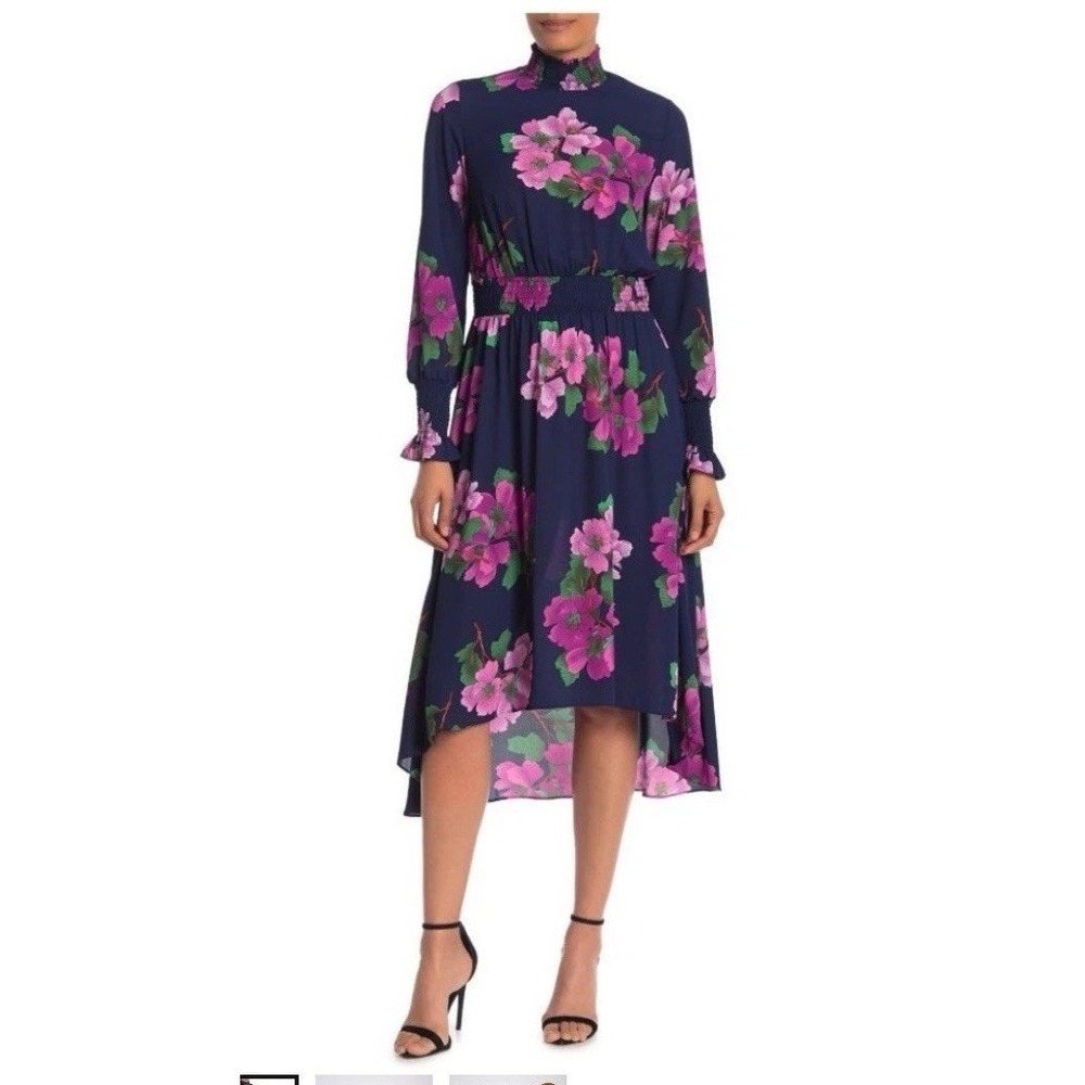 Nanette Nanette Lepore Dress Size 10 Floral Print NWT Navy Pink High Low $138‎